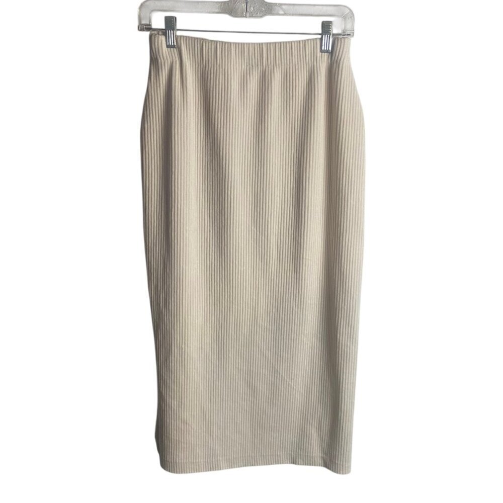 Free People Size Small Ribbed Cordory Midi Skirt Cream Slit Boho Elastic Waist